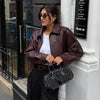 Retro Solid Lace Up Leather Short Jackets Women Chic Lapel V-neck Waist Cinching Cropped Jackets Lady Daily High Street Outwear