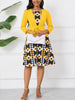 Womens 3/4 Sleeve Geometry Print Square Neck Patchwork Elegant Yellow A-Line Casual Party Fit And Flare Skater Swing Dress