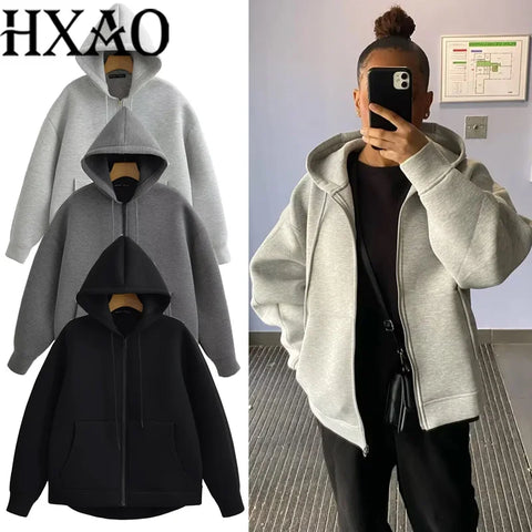 Hoodie Woman Outerwears Long Sleeve Demi-Season Women Jacket Coat Casual Sweatshirt With Zipper Grey Black Jacket Coats