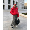 Bright Red Hooded Puffer Jacket Women Oversized Collar Horizontal Quilted Thick Padded Cropped Coats Warm Outwear Winter Wears