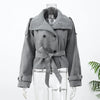Grey Lace Up Short Woolen Coat Women Chic Solid Stand Collar Double Breasted Pocket Slim Jacket Lady Commute Street Wear