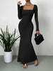 Women's Sexy Square Neck Mid-Length Knitted Dress Slim Fit Retro Long-Sleeved Wrap Hip Robe for Fall