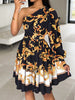 Women's Off The Shoulder Waist Printed Dress with Oblique Shoulder Single Long Sleeve Elegant A-line Dress