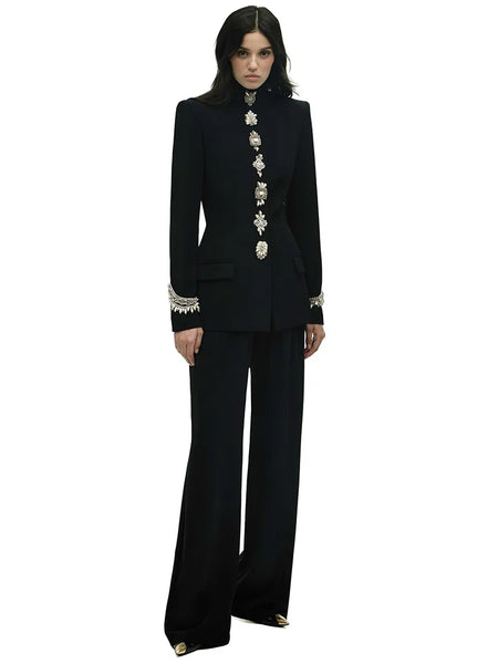 High Street Designer Suit Women Beaded Diamonds Stand Collar Jacket Pants Suit 2pcs Set