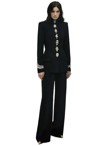 High Street Designer Suit Women Beaded Diamonds Stand Collar Jacket Pants Suit 2pcs Set