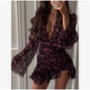 Sexy Floral Printed Mini Dress Women V-neck Flared Sleeve Waist Cinching Ruffle Bodycon Vestido Lady Party Vacation Gowns