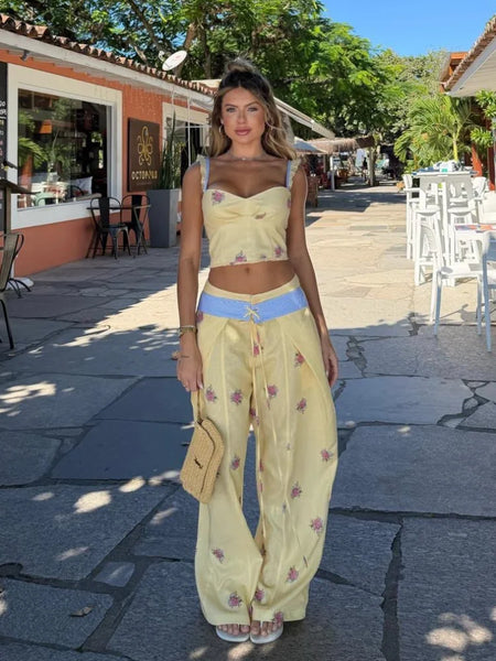 Floral Print Sweetheart Cami Crop Top Lace Up Wide Leg Pants Autumn Women Two Piece Outfit Street Ladies Casual Suit