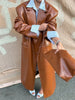 Brown Crocodile Embossed Faux Leather Trench Coat Lapel Single Breasted Straight Front Pockets Autumn Winter Fit Jacket