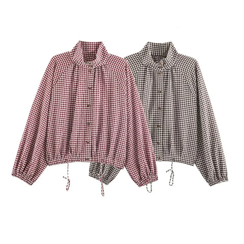 Guobioziy Women's Jacket Autumn Plaid Long-Sleeve Drawstring Loose Jacket Parka Casual Versatile