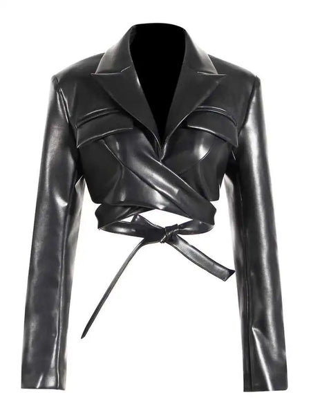 Women's Jackets Lapel Collar Slim Cross Lace Up Waist Long Sleeve PU Leather Short Coat Autumn 17A2947