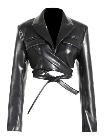Women's Jackets Lapel Collar Slim Cross Lace Up Waist Long Sleeve PU Leather Short Coat Autumn 17A2947
