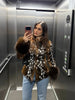 Women Leopard Print Stand Collar Waist Cinched Faux Fur Short Coat Fluffy Cuff Outerwear Winter Ladies Warm Furry Jacket
