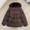 Winter Women Short Puffer Jacket Faux Fur Lapel Collar Waist Belt Design Solid Color Warm Elegant Daily Ladies Outerwear