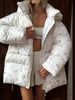 Women's Floral Print Hooded Puffer Jacket with Bow Decor Cute Oversized Winter Warm Coat Loose Casual Feminine Outerwear