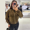 Vintage Faux Suede Jackets Women's Slim Full Sleeves Zipper Stand Collar Cropped Coats Ladies Autumn Solid Streetwear