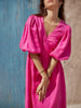 100% Cotton V-neck Waist Cinched Dress Unique Lantern Sleeve Sexy Slit Long Skirt Women's Casual Dresses