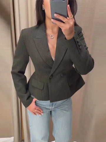Cinched Waist Cropped Double Breasted Lapel Long Sleeve Side Pockets Slim Blazer Women Autumn Formal Commute Coat