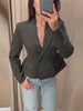Cinched Waist Cropped Double Breasted Lapel Long Sleeve Side Pockets Slim Blazer Women Autumn Formal Commute Coat