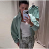Solid Faux Suede Jackets Women's Stand Collar Full Sleeves Zip Cropped Coat Autumn Winter Lady Casual Outerwear