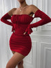 Sexy Bodycon Dresses Women Black Brown Red Green White Pleated long sleeve Mini Dress Vestidos Elegant Club Party Dresses