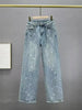 Rhinestone Pendant Design High Waist Wash Jeans Women's Spring Loose All-Match Straight-Leg Pants Female
