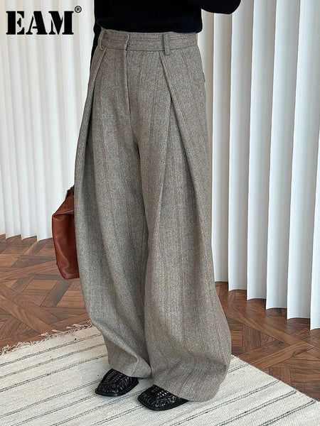 High Waist Brown Striped Pleated Long Thick Wool Wide Leg Pants Trousers Women Tide Autumn Winer 1DH7548