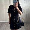 White Elegant Knitted Mini Dress For Women Metal Button Sexy Slim Rib Sweater Dress Holiday Party Outfits Autumn