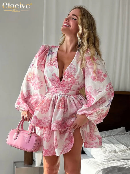 Sexy Loose Print Women's Dress V-Neck Puff Sleeve Mini Dresses Elegant Classic High Waist Pleated Female Dress