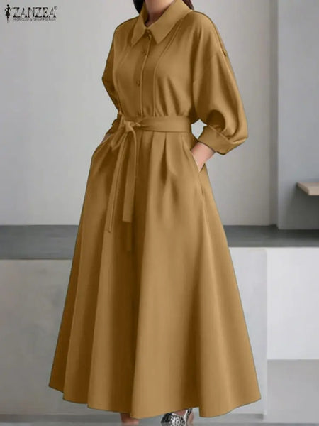 Plus Size Women Stylish Belted Pleated Maxi Dresses Long Sleeve Lapel Half Buttons Solid Color Long Dress Streetwear 5XL