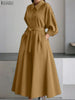 Plus Size Women Stylish Belted Pleated Maxi Dresses Long Sleeve Lapel Half Buttons Solid Color Long Dress Streetwear 5XL