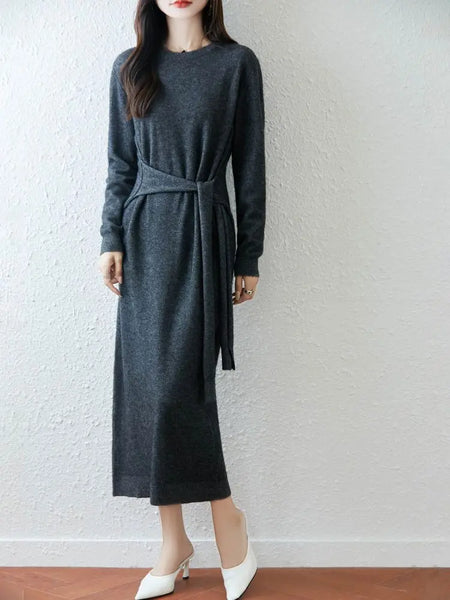 Women Wool Dress Sweater 100% Merino Wool Knitted Self-belt Long Skirt Autumn Winter Round Neck Pullover Cashmere Straight Skirt