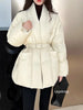 Lagabogy Winter Belt Waist-Tight Elegant Warm 90% White Duck Down Jacket Female Long Sleeve Solid Color V-neck Puffer Coat
