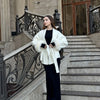 Women Fur Splicing Grey Woolen Coat Casual Belt Full Sleeve Lapel Loose Cardigan Outwear Lady Winter Highstreet Jacket