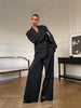 Women Black Sequin Embroidery Blazer Long Pants Set Full Sleeve Lapel Coat Wide-leg Trousers Sets Lady Spring Daily Outfits
