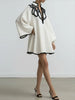 Hollowed V-neck Mini Dress for Women Flared Sleeves Pleated Dress Spring Stylish Contrast Trims Elegant Party Dress
