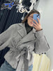 Solid Tie Waist Cinching Suede Jackets Women Chic Stand Up Collar Loose Crop Short Coats Lady Autumn Commute Daily Outfit