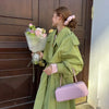 Green Lapel Belt Lace Up Long Trench Coat Women Lantern Sleeve Waist Cinching Jacket Autumn Lady Street Daily Outerwear