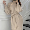 High end Knitted Dress Women's Autumn Winter Stretch Sweaters Long Dress Female Retro Chic buttons stylish Turtleneck Base dress