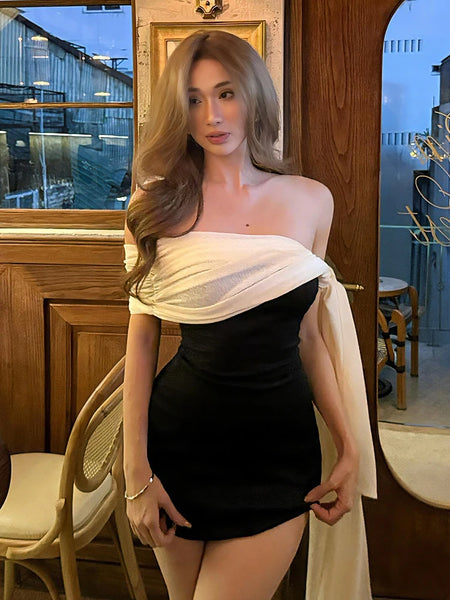 Color Blocking Dress Women Patchwork Bandage Tassel Folds Slash Neck Prom Party Elegant Style Classic Mini Bodycon