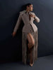 Women Two-Piece Set Turn‑Down Collar Long Sleeve Cinched Waist Blazer Maxi Fringe Slit Skirts Elegant Chic Outfits