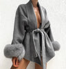 Women's Solid Lapel Woolen Coat Elegant Full Sleeves Lace Up Loose Patchwork V-neck Overcoat Winter Office Commute Jacket