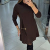 Spring Sexy O Neck Patchwork Pleated Dress Woman Elegant Solid Slim A-Line Party Dress Autumn Long Sleeve Female Mini Dress