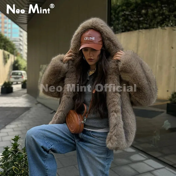 Exclusive Women Winter Hooded Faux Fur Coat Chic Street Girls Fluffy Fox Fur Jacket Thick Warm Shaggy Overcoat