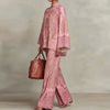Women Flare Sleeve Printed 2 Piece Sets Stand Collar Loose Blouse High Waist Wide Leg Pants Suit Boho Solid Resort Casual Outfit
