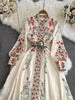 Runway Designer Dresses Women Stand Neck Long Sleeve Floral Print With Belt Boho Holiday Dress Flower Long Robes