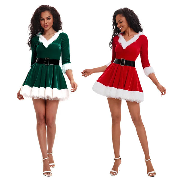 Women Half Sleeve Solid Ladies Santa Claus Xmas Theme Costume Cosplay Outfit Waistbelt Fancy Christmas Dress