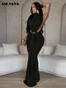 Women O-neck High Split Ruched Stacked Bodycon Midi Maxi Dress Evening Party Club Vestidos Sexy Chic Long Dresses
