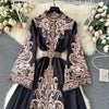 Retro Court Style Printed Dress Women Autumn Winter Flared Sleeve Vintage Long Dresses Ladies Slim Autumn Winter Long Robe