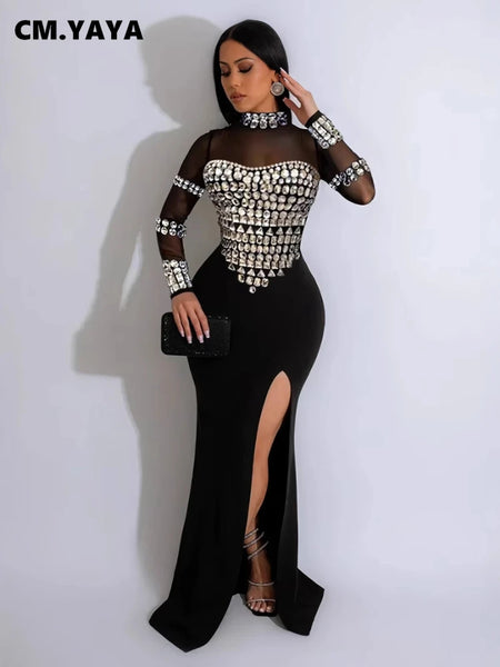 Women Full Sleeve Diamonds Mesh Rhinestones High Side Split Mermaid Maxi Long Dress Evening Sexy Party Dresses Vestidos