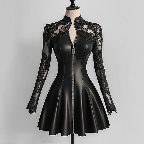 Women's Pleated A-line Dress PU Leather Lace Patchwork Long Sleeve Zipper Mini Dress High Street Casual Elegant Y2K Chic Dress